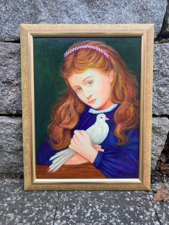 Mädchen mit Taube in den Händen Ölbild von Pinora Cruz (Gebraucht) in ...