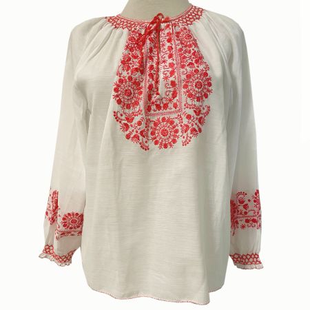 Bluse Bauernbluse L/XL weiss-rot reich bestickt VINTAGE 60s