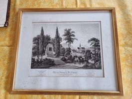 Antike Grafik "Zwingli Denkstein" Zürich in goldenem Rahmen