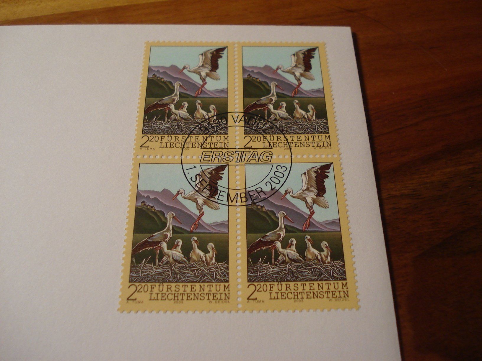 Alle Briefmarken: Liechtenstein 2003, Störche, FDC Einzel + 4erblock – Gebraucht aus Niederwil AG von morostahu