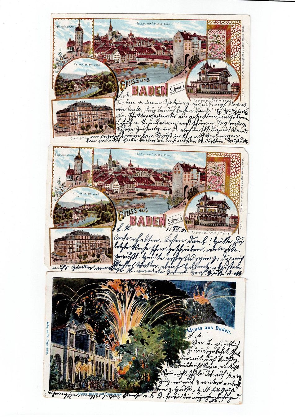 Cartoline postali: Schweiz, 3 Ansichtskarten Gruss aus Baden, Baden 1901 – Usato da Hinteregg venduto da McCharly01