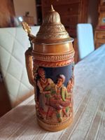 Bierkrug Motiv handbemalt Zinndeckel Vintage guter Zustand