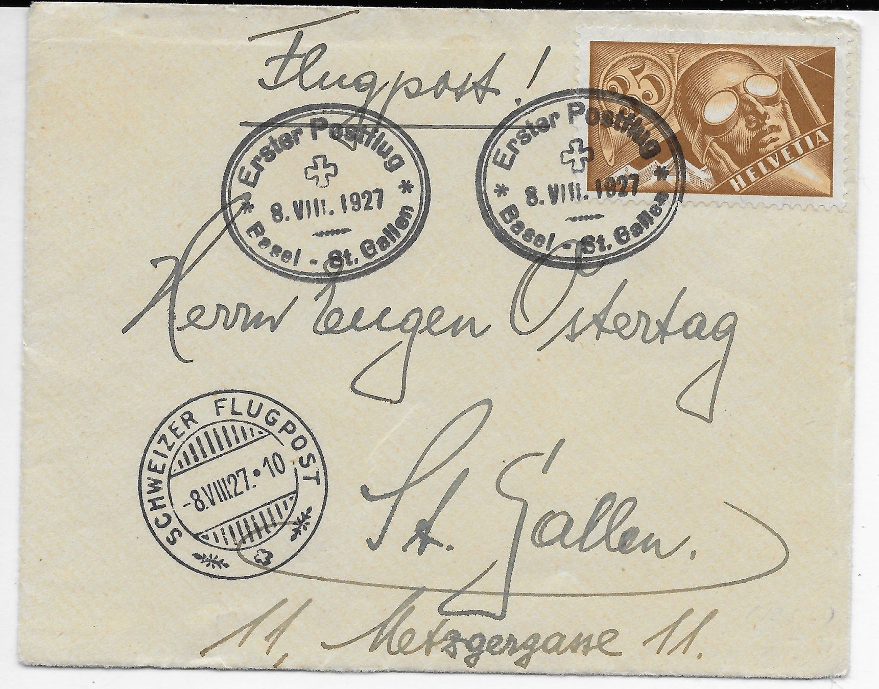Tutti i francobolli: 1. Postflug Basel-St.Gallen 1927, F7, Kat.160.- – Usato da Hefenhofen venduto da Richsalz