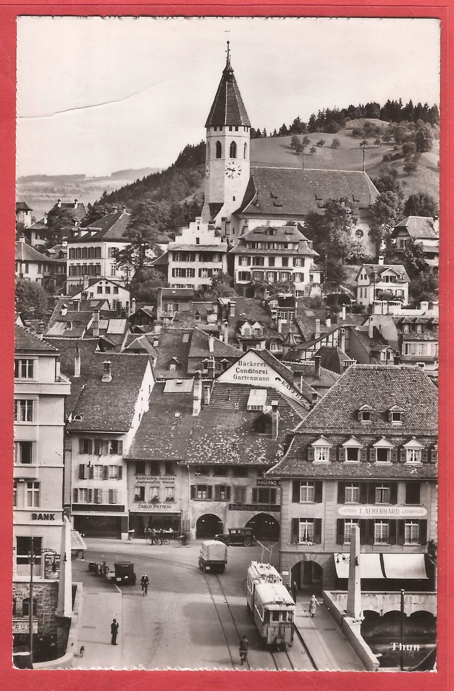 Cartoline postali: Thun - Tram auf Brücke mit Oldtimer - 1954 – Usato da Fislisbach venduto da Porano