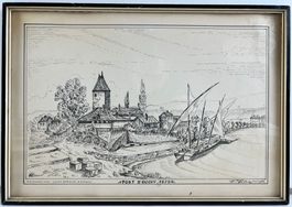 Hafen von Ouchy. 1870. Zeichnung Signiert.