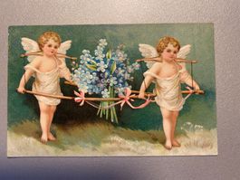 Alte Ansichtskarte mit Engeln und Blumen gebraucht