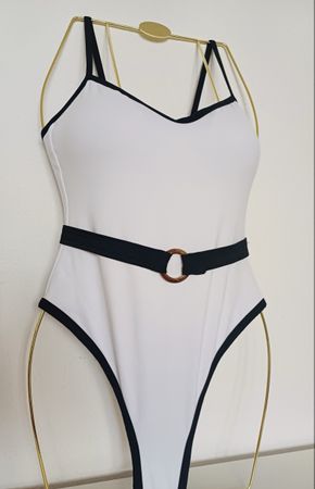 White High-Waist Premium Fabric Swimsuit With Belt,Size XS/S