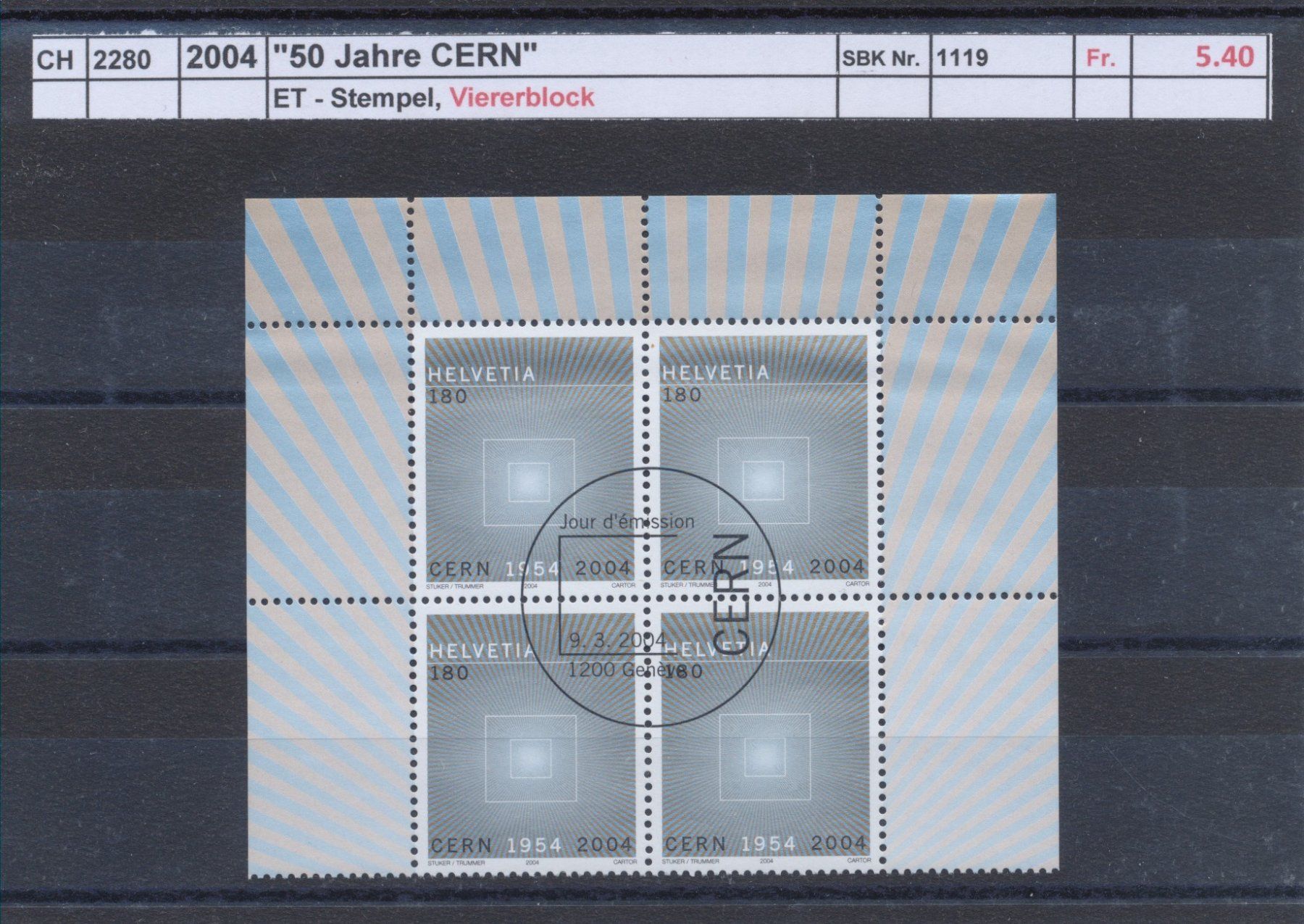 Alle Briefmarken: 2004 "50 Jahre CERN" - Viererblock, ET - Stempel – Gebraucht aus Winterthur von Zupogeru
