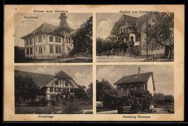 AK Galmiz, Handlung Baumann, Schulhaus, Gasthof zum Kantonsc