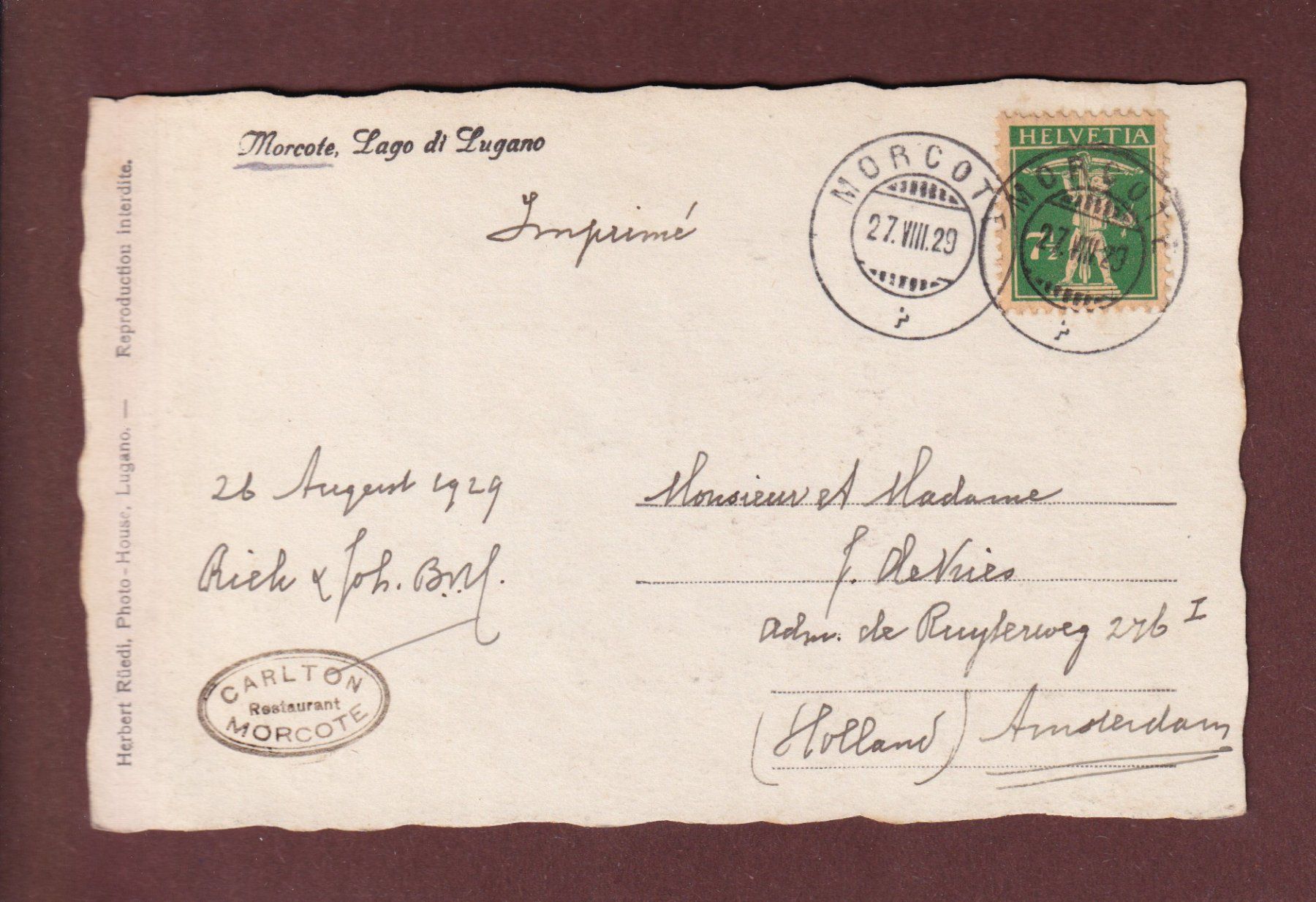 Ansichtskarten: MORCOTE - 1929 – Gebraucht aus Pully von nicecards-shop 1