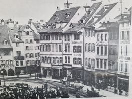 Antike Fotografie: Basler Marktplatz um 1892, gerahmt