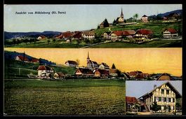 AK Mühleberg /Bern, Gasthaus, Panorama mit Kirche