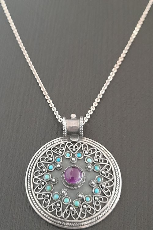 Collier Long Avec Pendentif Turquoise Et Améthyste - Style Bohème, Pierres Naturelles, Neuf