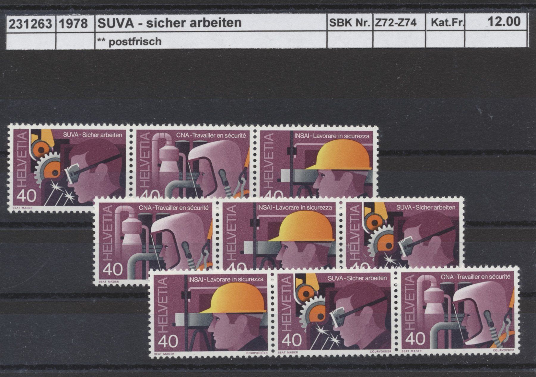 Tous les timbres: 1978 "SUVA - sicher arbeiten", ** postfrisch – Neuf (Voir description) à Winterthur par Zupogeru