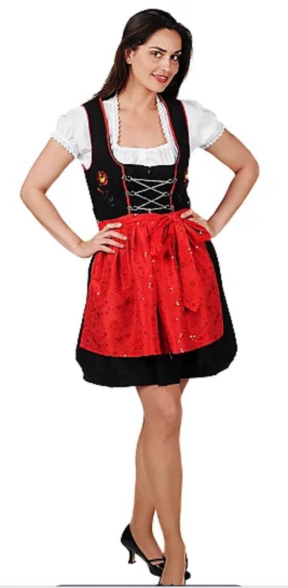 Costumi: Dirndl mit Schürze rot und Bluse Gr 38 NEU – Nuovo e nell'imballaggio originale da Stäfa venduto da Goldvreneli.07