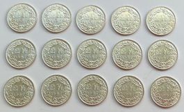 15 Stück sehr schöne Silber 2 Franken-Münzen von 1967