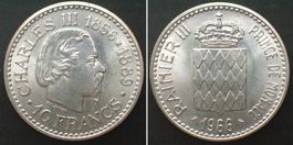MONACO 10 Francs 1966 CHARLES III. Silber unz