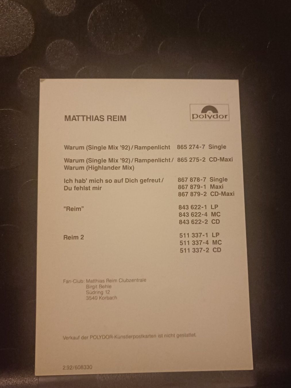 Autografi: Matthias Reim - Handsigniert Autogrammkarte – Usato da Menziken venduto da Artographs 1