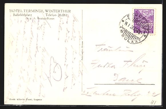 Ansichtskarten: Winterthur, Hotel Terminus am Bahnhofpla – Gebraucht aus Berlin von bartko-reher 1