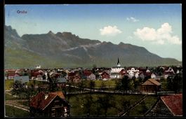 AK Grabs, Ortsansicht mit Kirche und Bergen