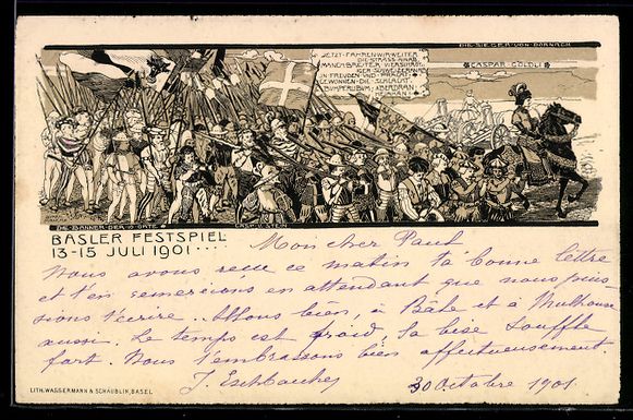 Cartoline postali: Litho Basel, Festspiel 13-15.07.1901, Ri – Usato da Berlin venduto da bartko-reher