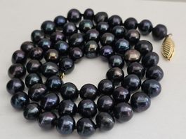 1x Zucht Perlenkette schwarz echte Perlen blau Zuchtperlen
