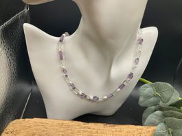 Collier Amethyst, Süsswasserperlen, Quarz und Labradorit