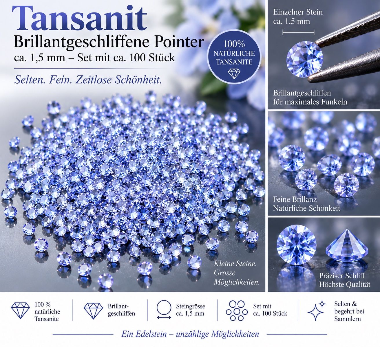 Pietre preziose: 100 St fein brillantgeschliffene Tansanit -Pointer 1,5 mm – Nuovo (secondo la descrizione) da Langenthal venduto da Seelenfreunde
