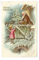 Fröhliche Weihnachten - Engel bringt Christbaum  Präge-Litho