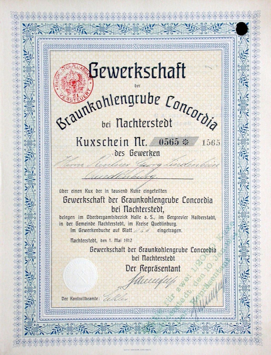 Documenti: Gewerkschaft der Braunkohlengrube Concordia - 1912 – Usato da Solothurn venduto da Sgasche