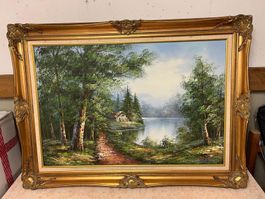 Tableau paysage lac maison forêt cadre doré 60x80cm