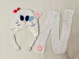 Handmade SET KATZE Kappe und Schal weiss, gefüttert, weich