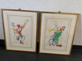 Zwei Clown Aquarell Bilder mit Goldrahmen, Vintage Art!