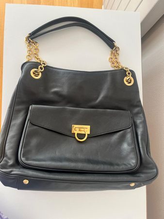 Ferragamo Black Leather Shoulder Bag Gold Chain, Pre-Loved