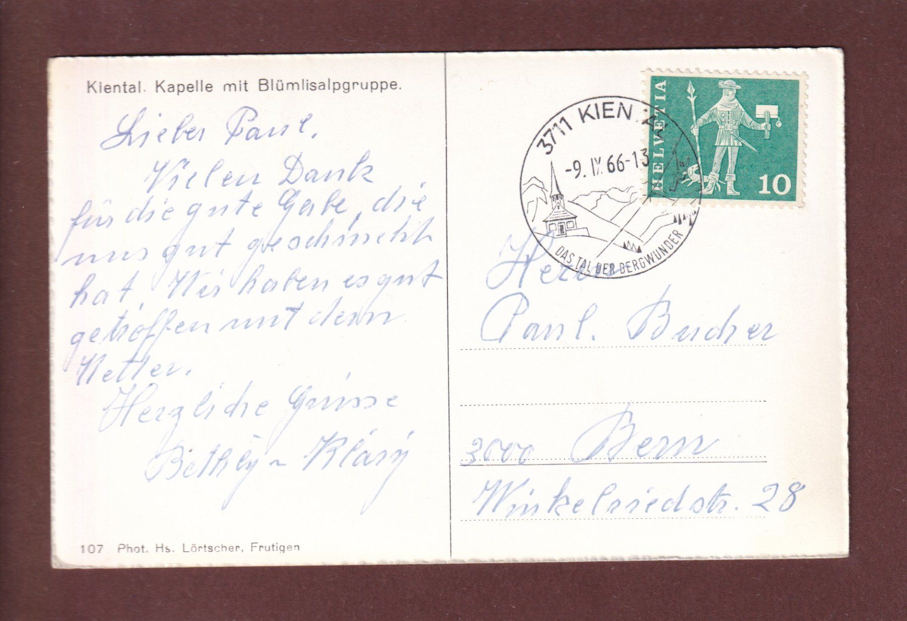 Cartoline postali: KIENTAL - Kapelle - 1966 – Usato da Pully venduto da nicecards 1