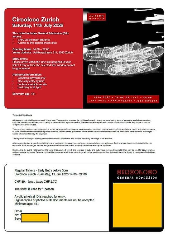 Biglietti: 2x Circoloco Zürich Tickets - Regular Ticket – Usato da Schlieren venduto da alt_wct8