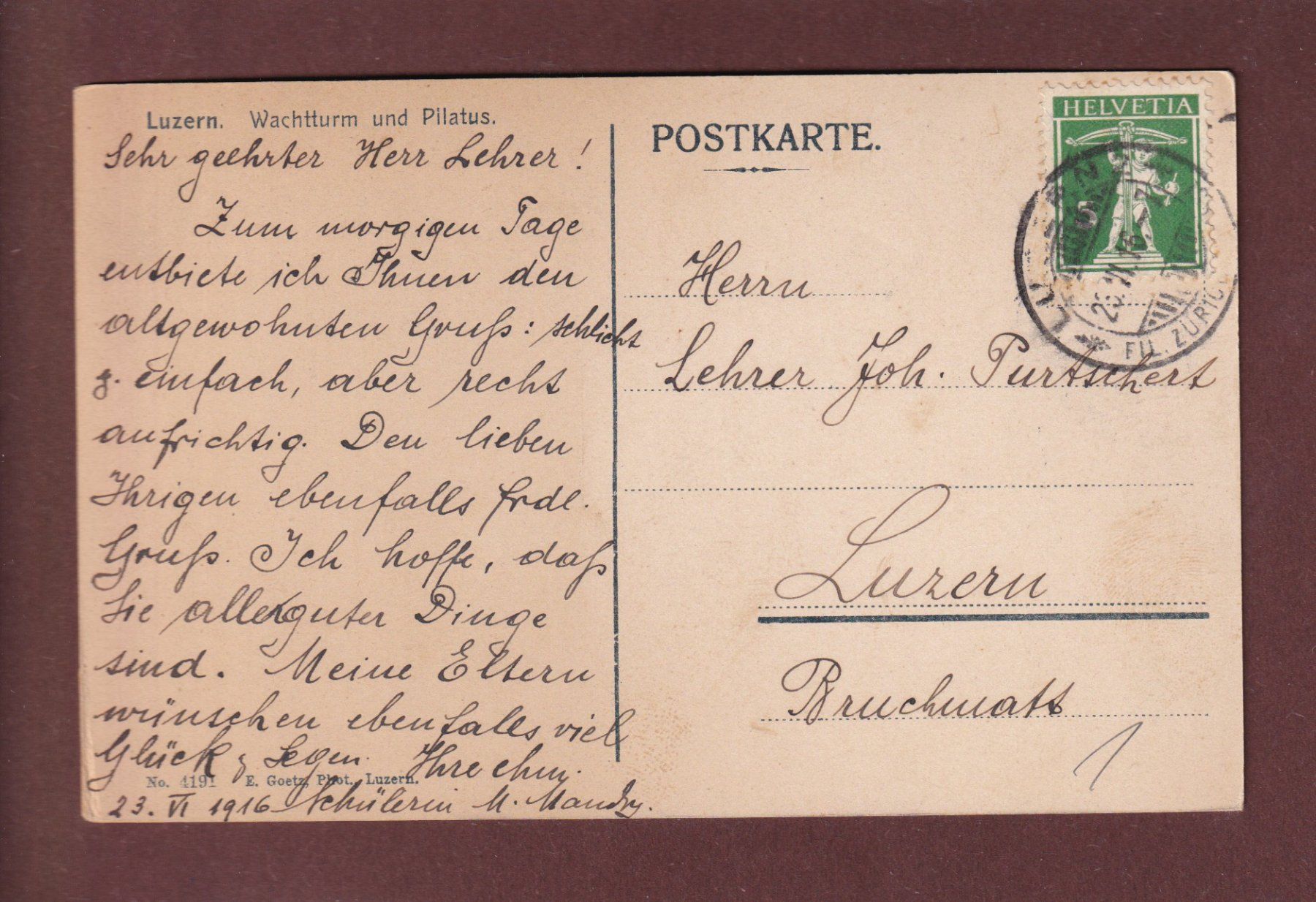 Cartoline postali: LUZERN - Wachtturm - Pilatus - 1916 – Usato da Pully venduto da nicecards 1