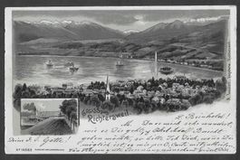 Richterswil grüne Lithografie Dampfschifflände etc.