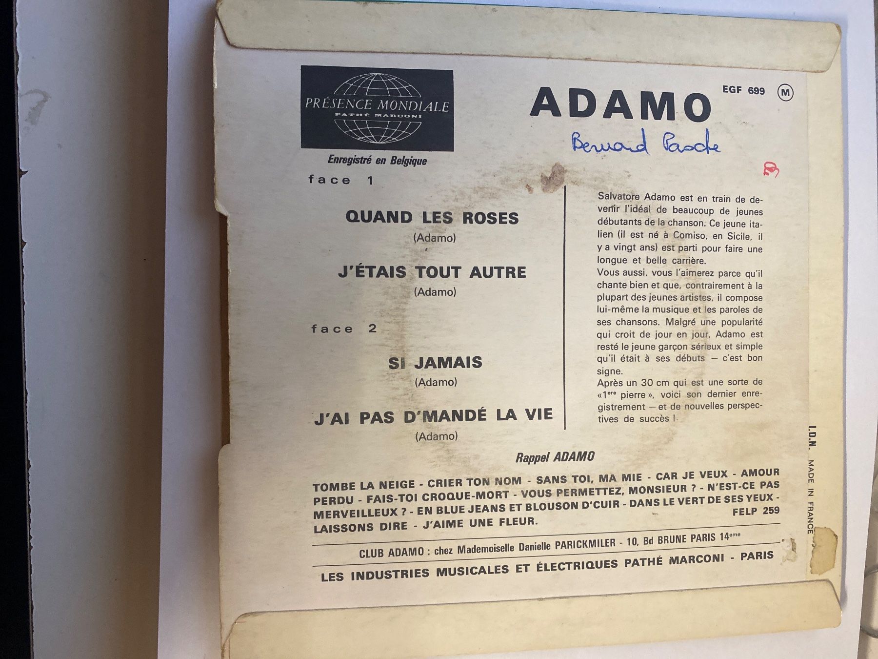 Schallplatten: Adamo - Quand les roses - 45 tours – Gebraucht aus Le Brassus von cinema13 1