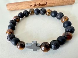 Edelsteinarmband Achat -Tigerauge - Lava mit Hämatit Kreuz