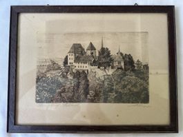 Antiker Holzstich Burgdorf Schweiz gerahmt"