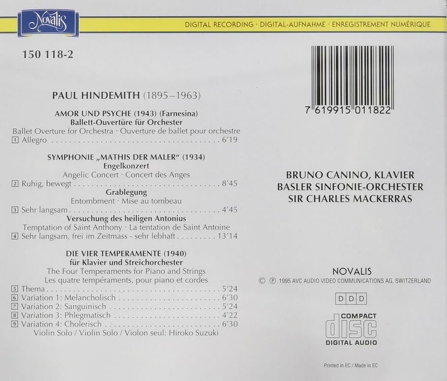 CD: Bruno Canino, sir Charles Mackerras - Paul Hindemith – Usato da Unterbäch venduto da tuqsa 1