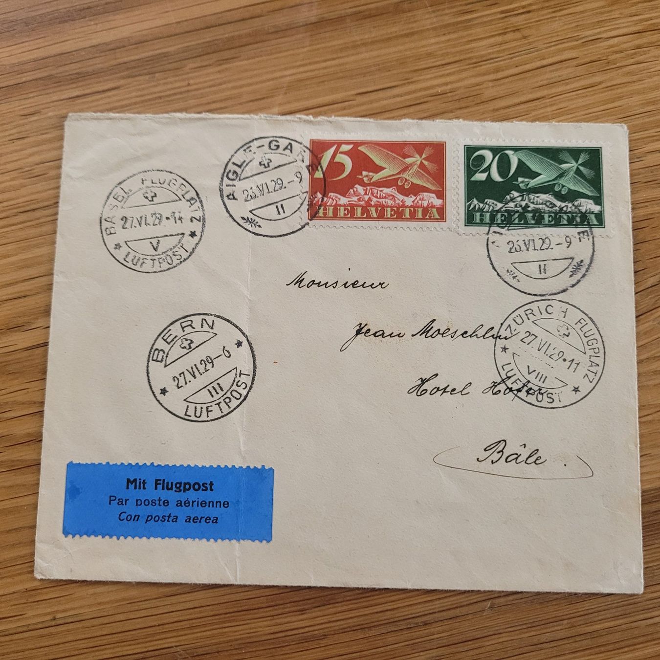 Alle Briefmarken: Luftpost Aigle-Gare Bern Basel 1929 – Gebraucht aus Biel/Bienne von Destockweb