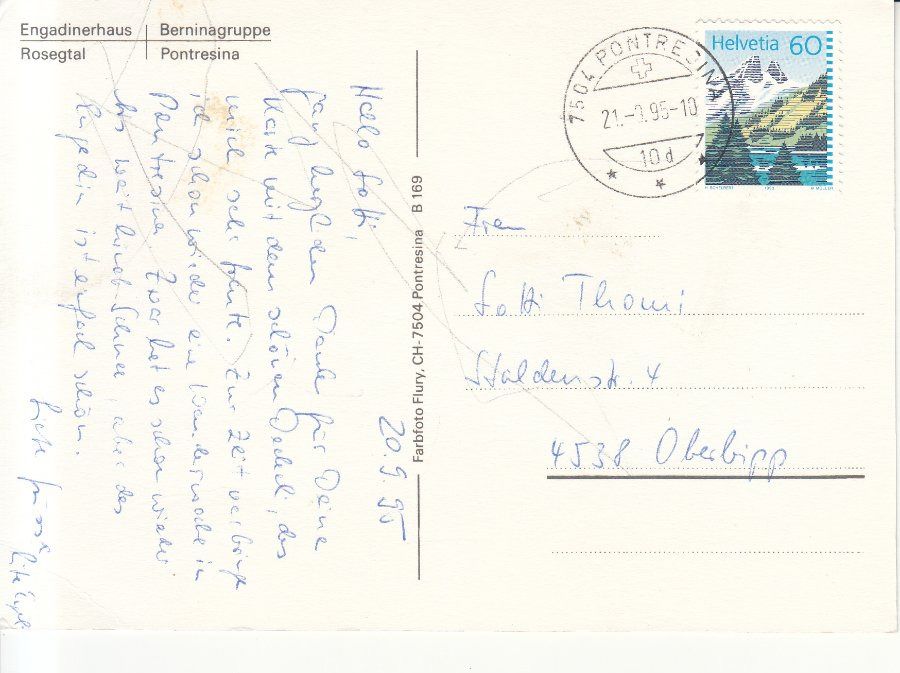 Cartoline postali: Pontresina 1995 – Usato da Bürglen TG venduto da StampGraf 1