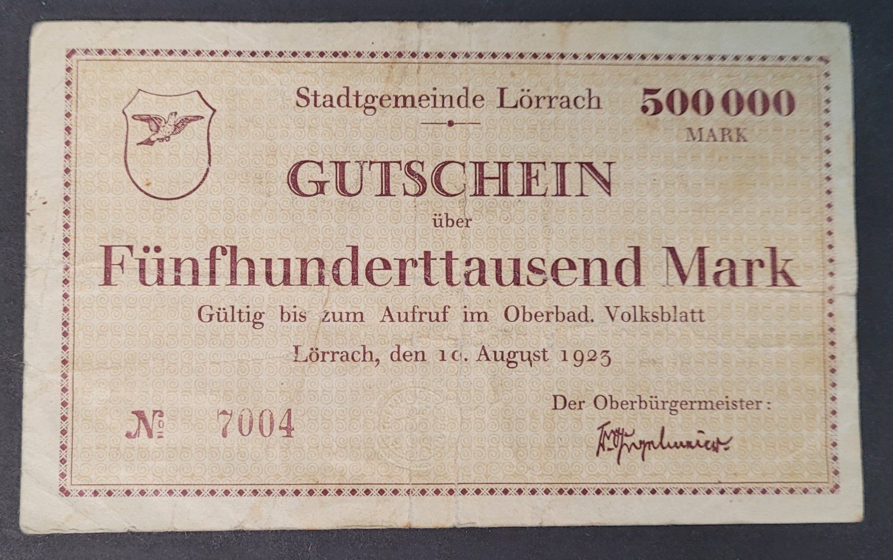 Banknoten: 500'000 MARK / LÖRRACH 1923 – Gebraucht aus Mumpf von antonio_schweiz_961
