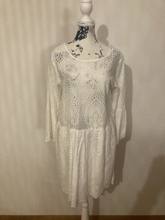 Sommerliches Lochstickerei Kleid, Tunika, Weiss, Gr. M