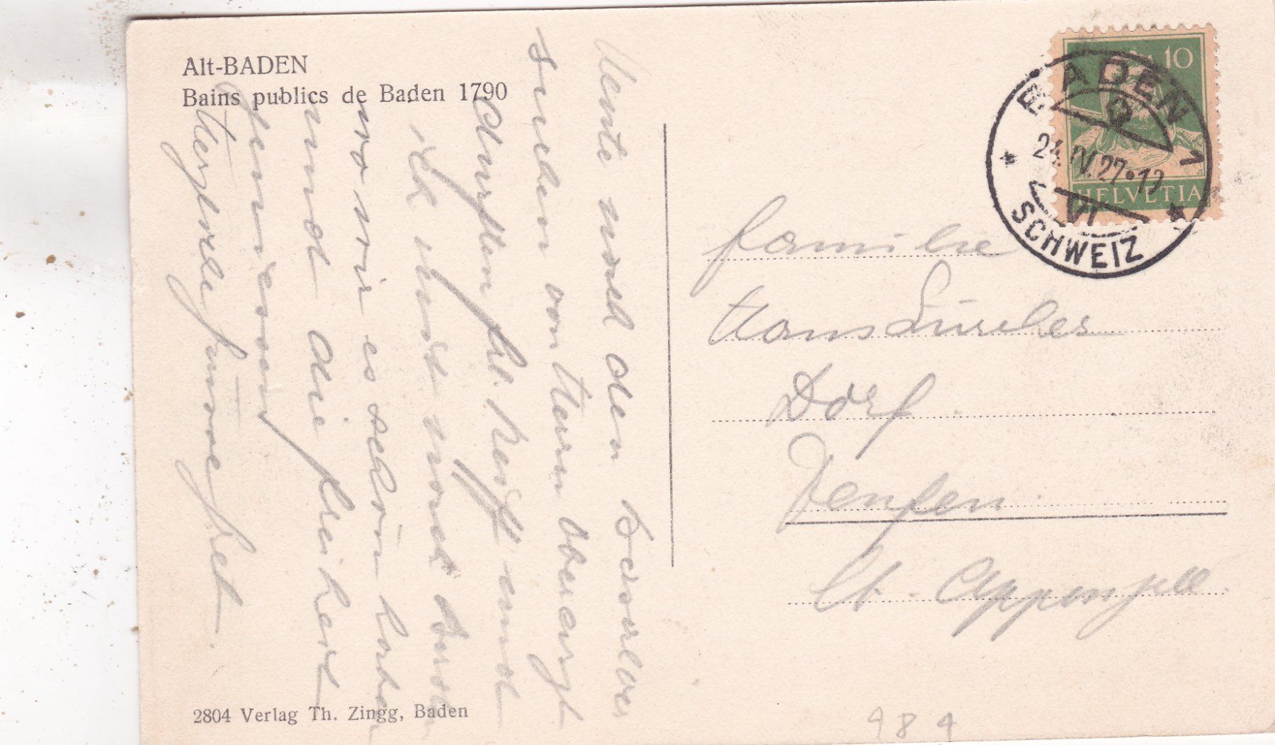 Cartoline postali: Kitsch Kunst Alt Baden 1927 – Usato da Herisau venduto da Lisegrat2008 1