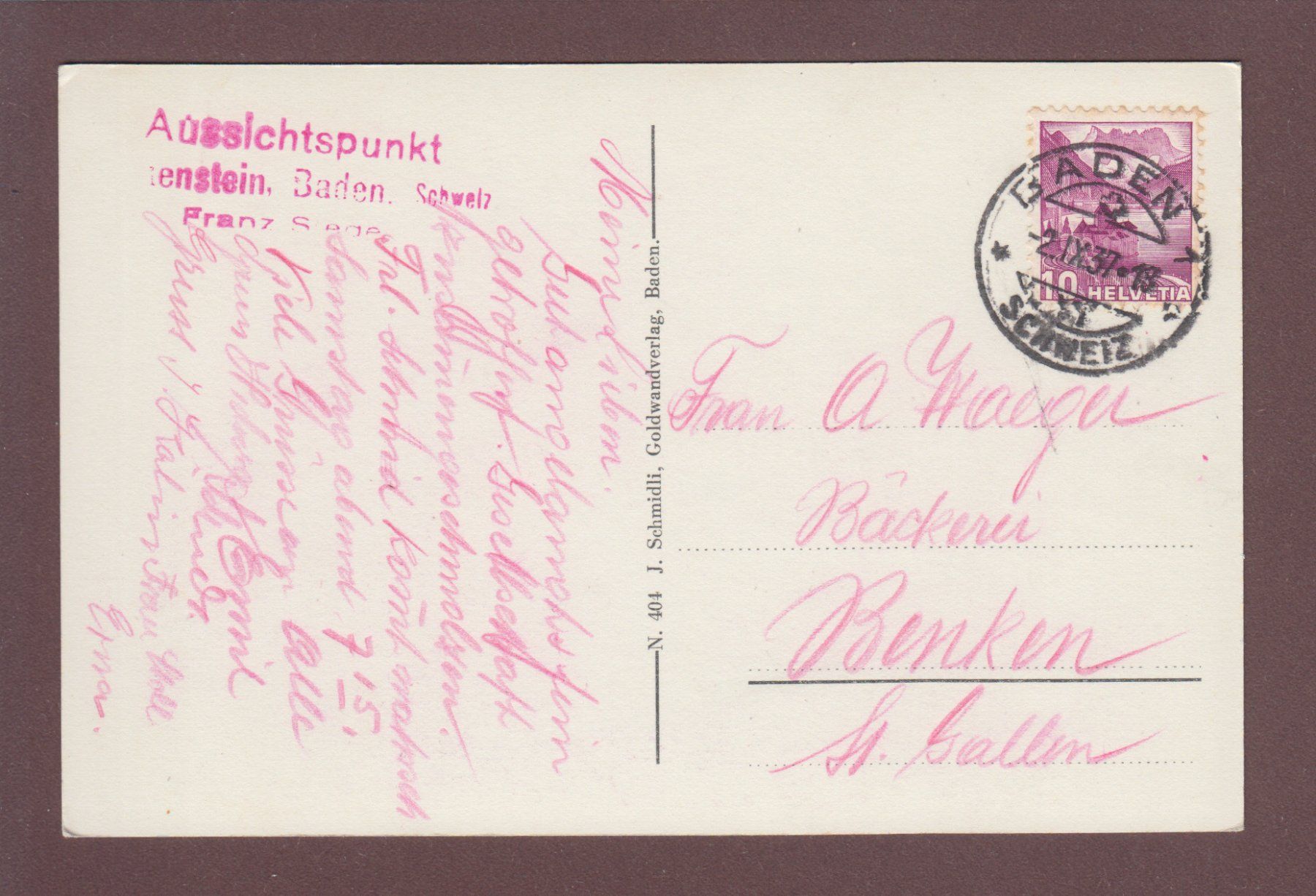Cartoline postali: BADEN - Thermalkurort - Teilansicht - 1937 – Usato da Pully venduto da nicecards 1