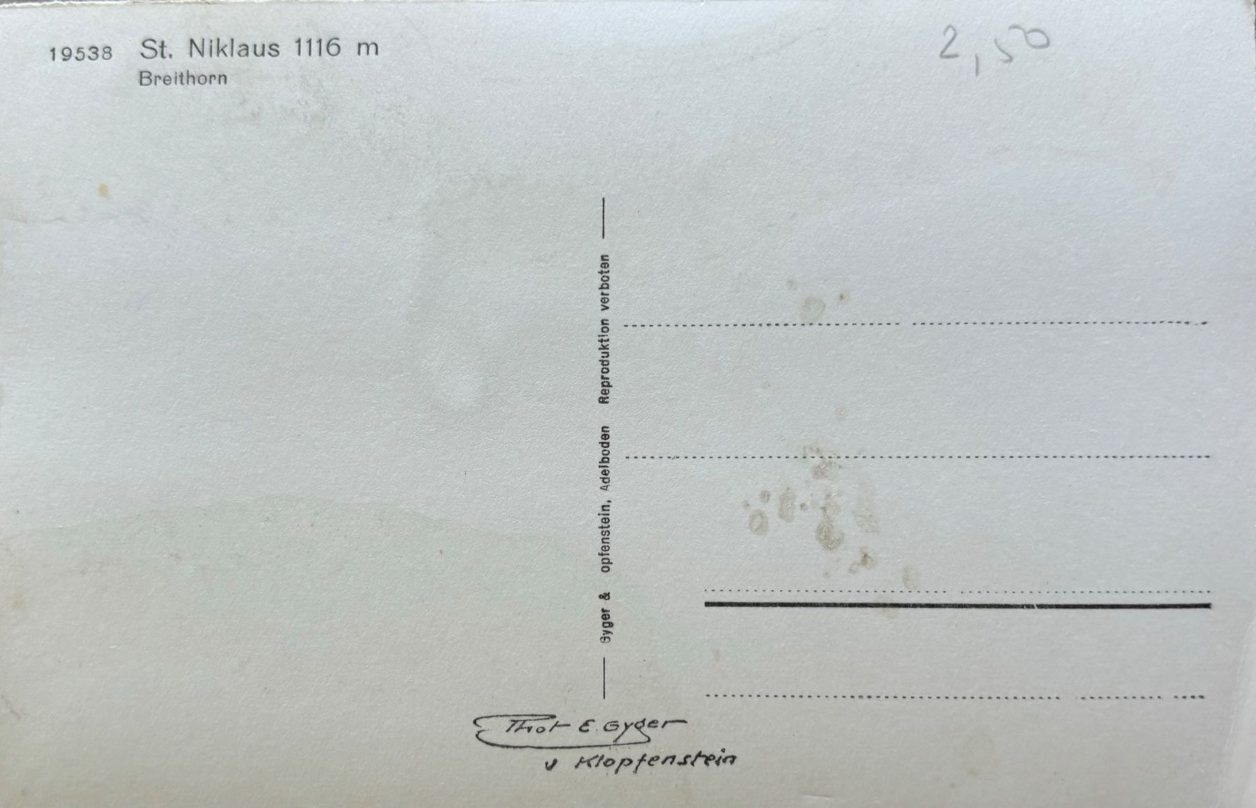 Cartoline postali: E. Gyger, St. Niklaus, Breithorn – Usato da Frauenfeld venduto da Merk52 1