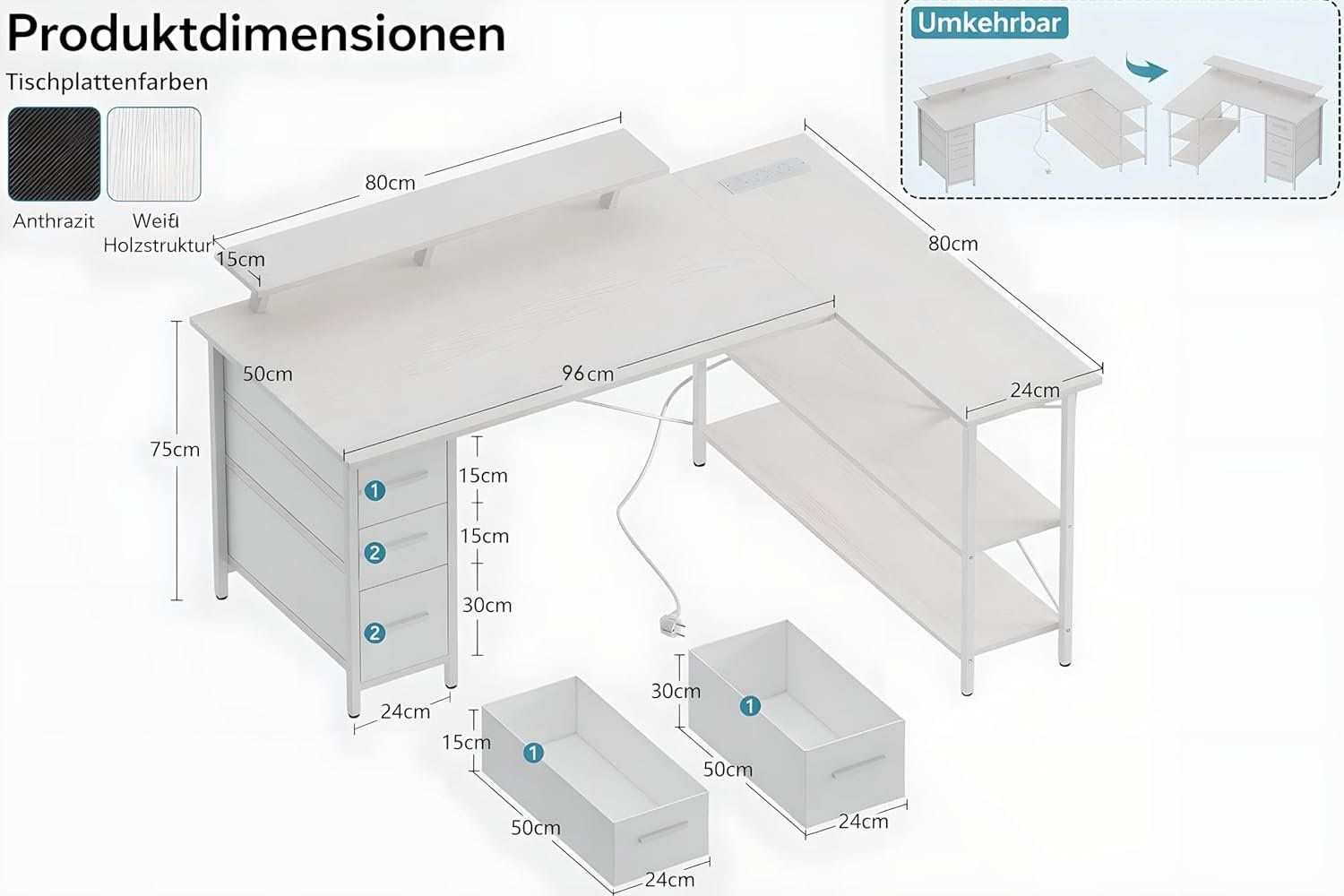 Scrivanie: Schreibtisch Eckschreibtisch mit USB Steckdose Weiss – Nuovo e nell'imballaggio originale da Schaffhausen venduto da AllesMussRaus90 2